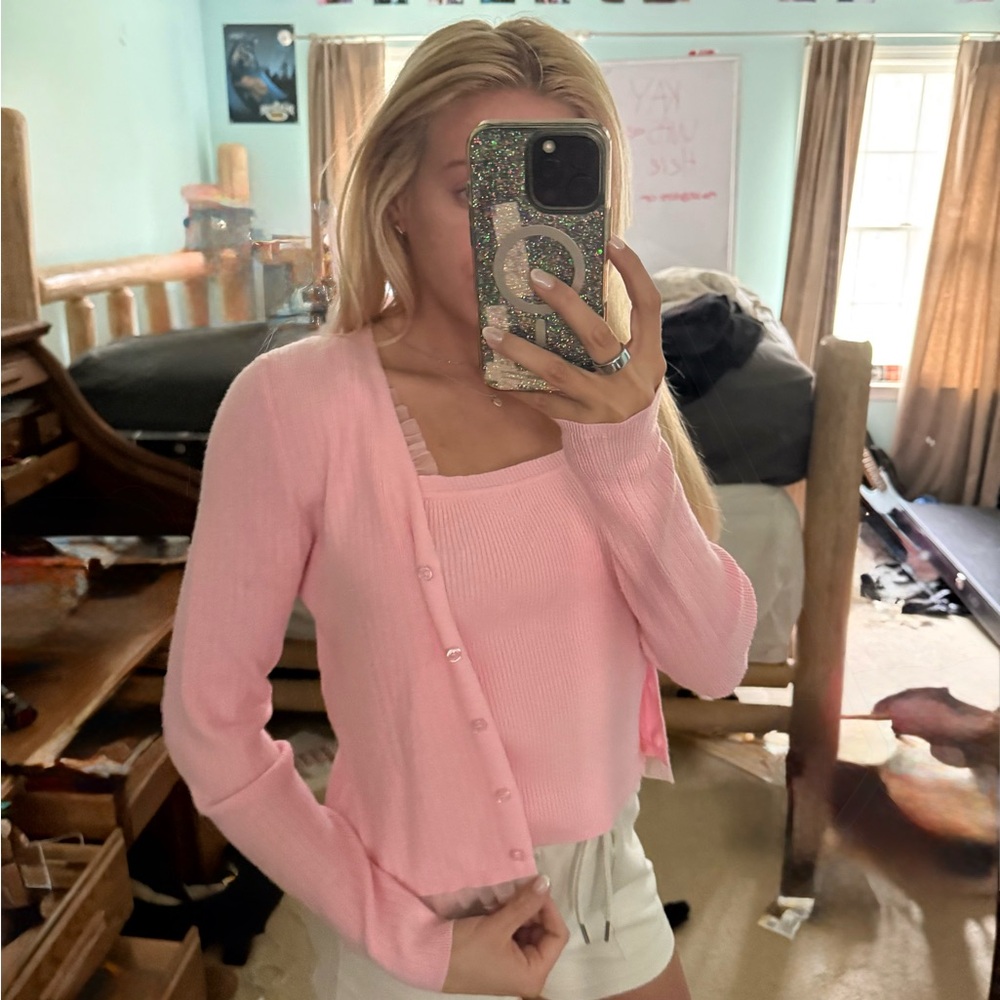 Francesca's Collections Pink Ribbed Tank & Cardigan Set